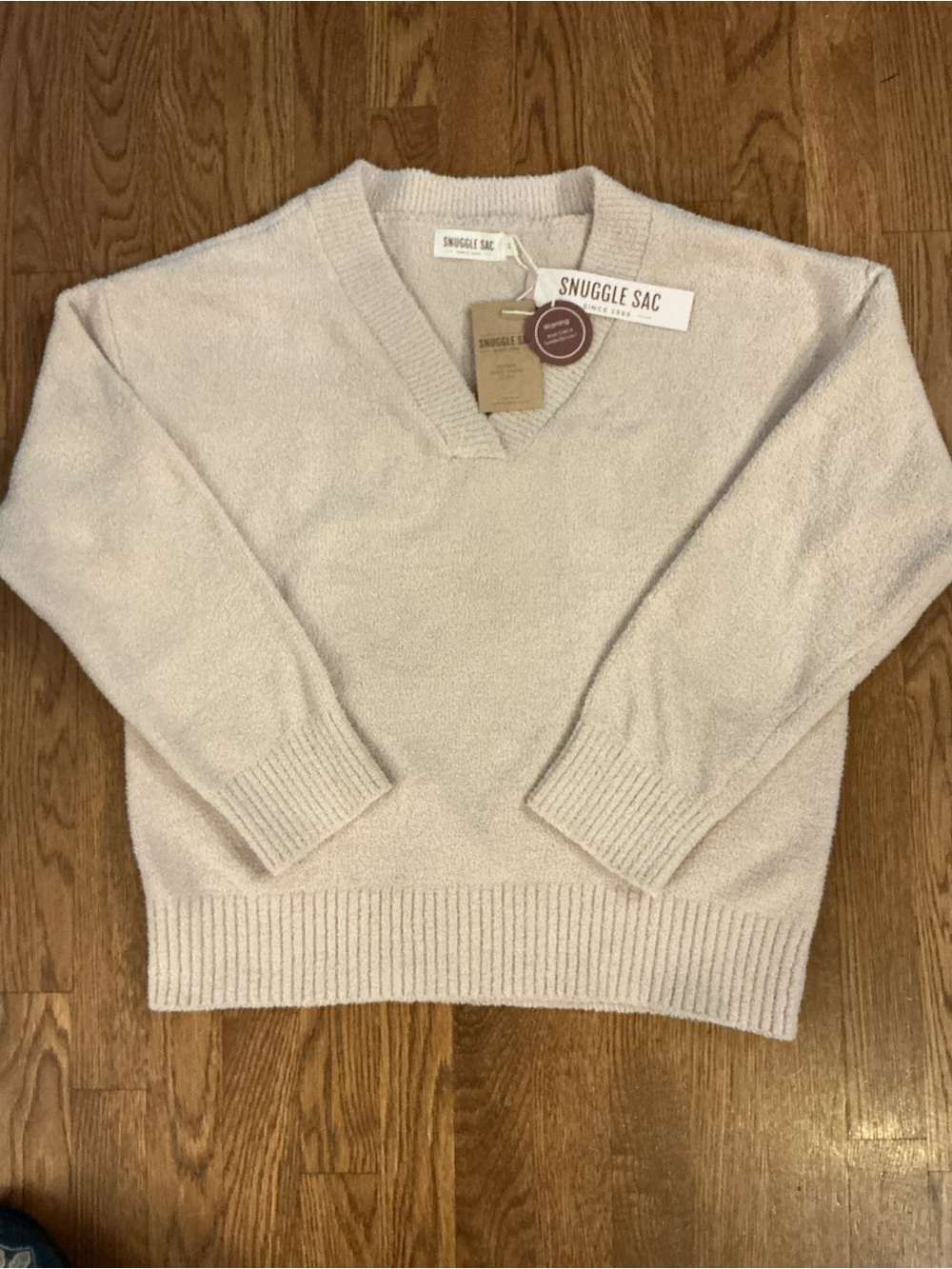Snuggle Sac Plush Boucle Knit V – Neck Sweater Cream Cozy Lounge Size Medium
